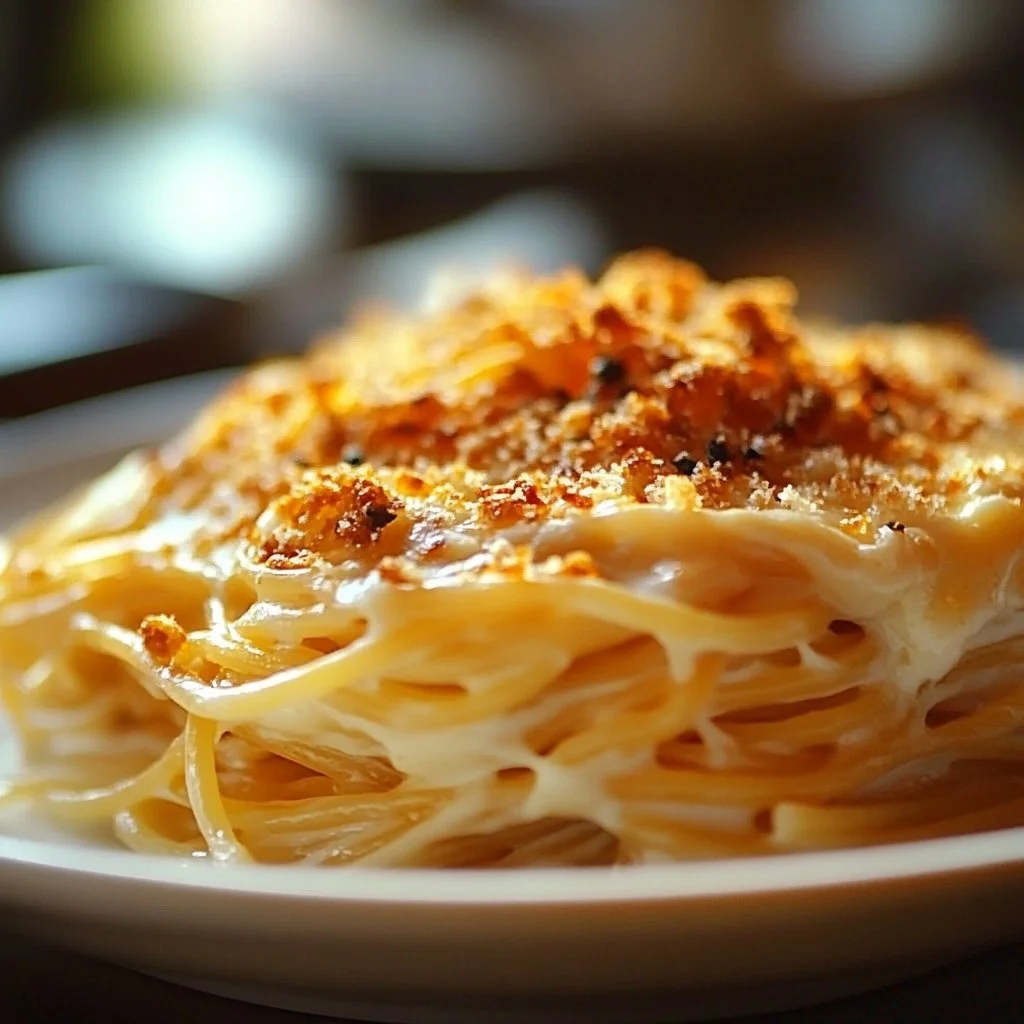 Delicious plate of Southern cheesy chicken spaghetti with herbs and cheese