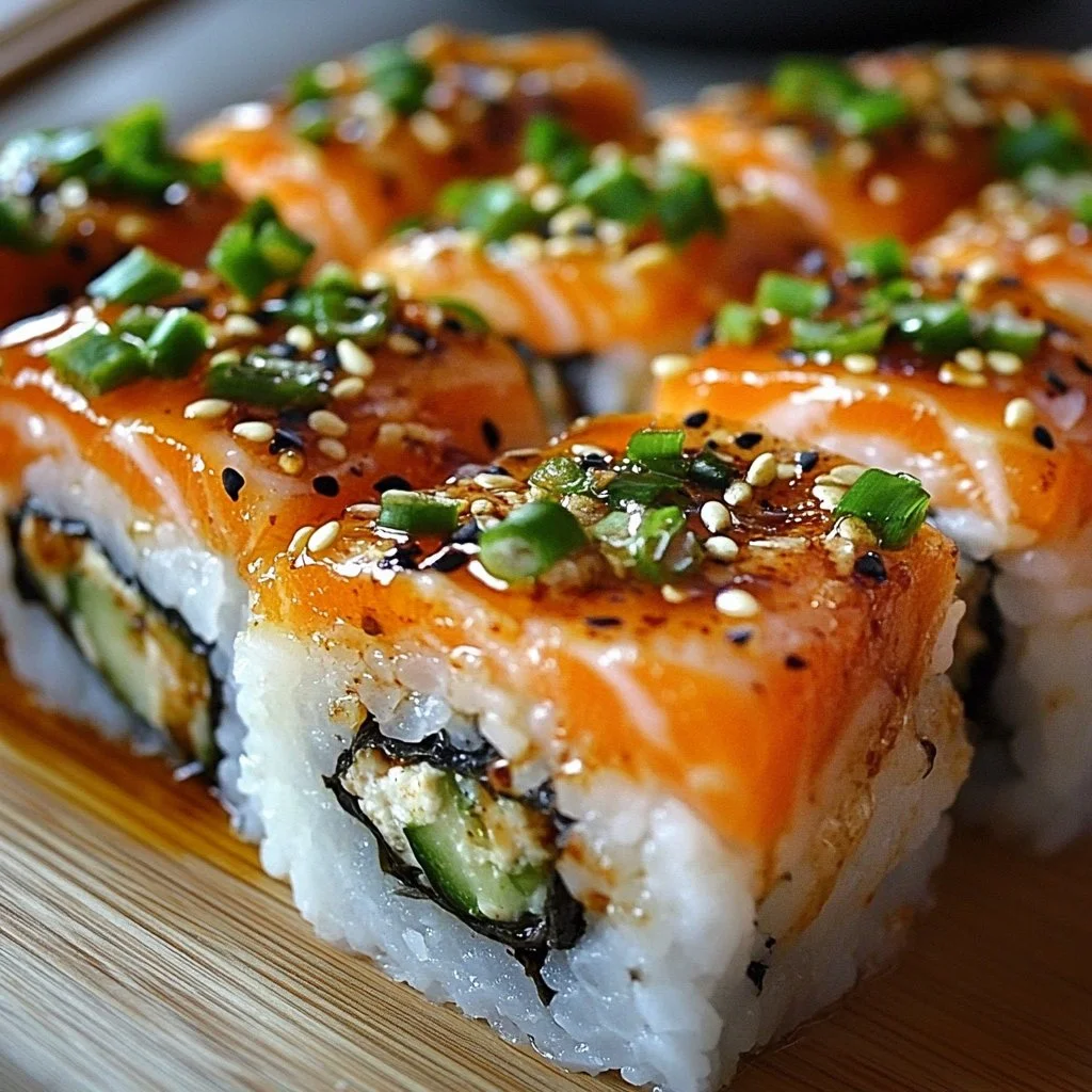 Delicious Spicy Salmon Sushi Bake, featuring salmon, rice, and zesty toppings.