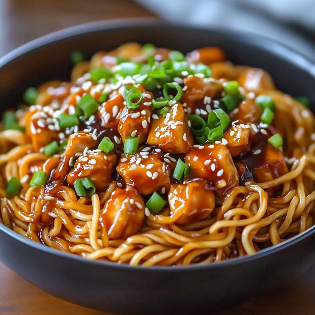 Plate of sticky garlic chicken noodles with fresh vegetables and herbs.