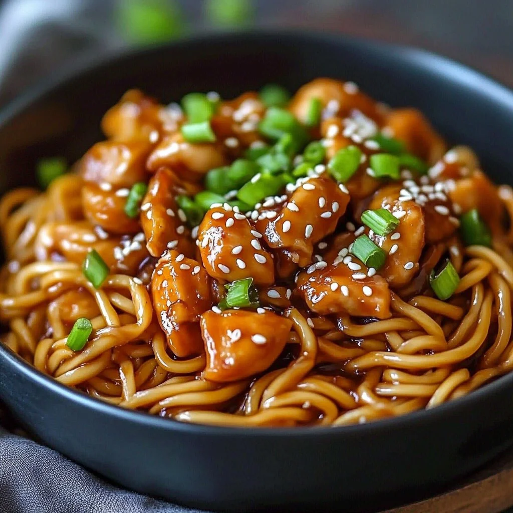 Delicious sticky garlic chicken noodles served in a bowl