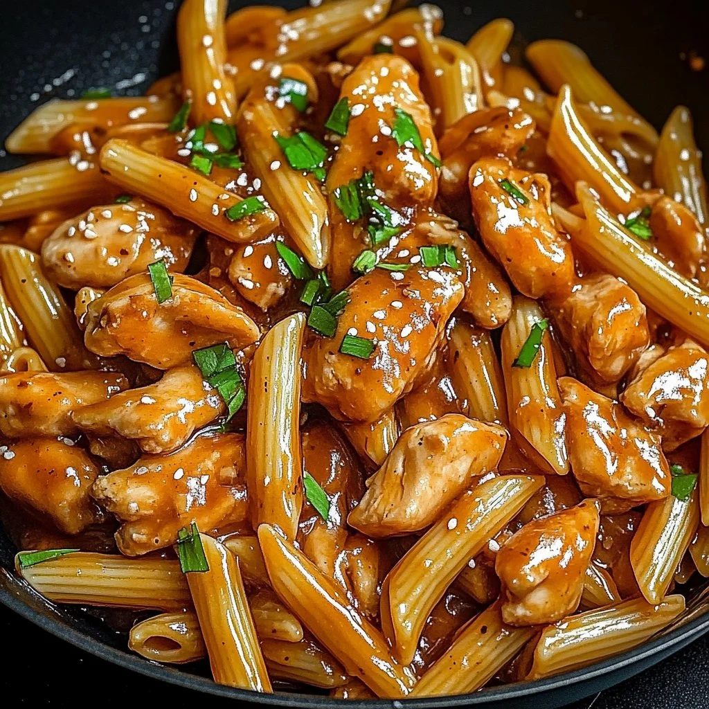 Sticky Honey Garlic Chicken Penne Skillet topped with fresh herbs