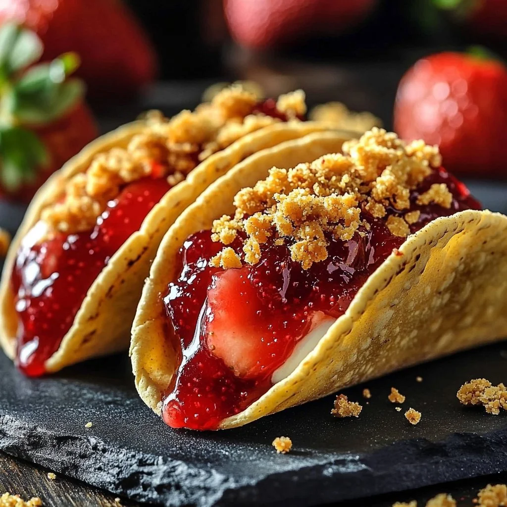 Delicious Strawberry Crunch Cheesecake Tacos with a crunchy topping