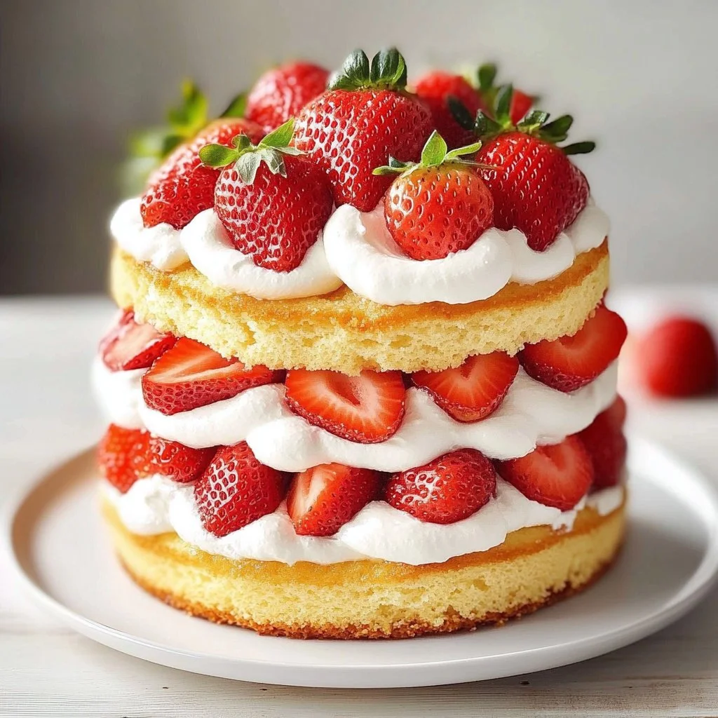 Delicious homemade strawberry shortcake topped with fresh strawberries and whipped cream