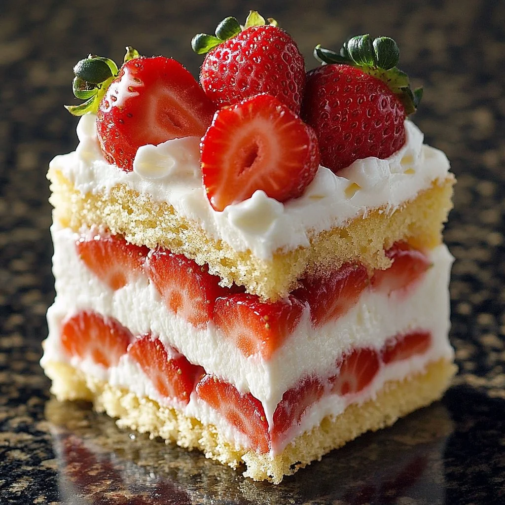 Delicious Strawberry Shortcake Cake with fresh strawberries and whipped cream