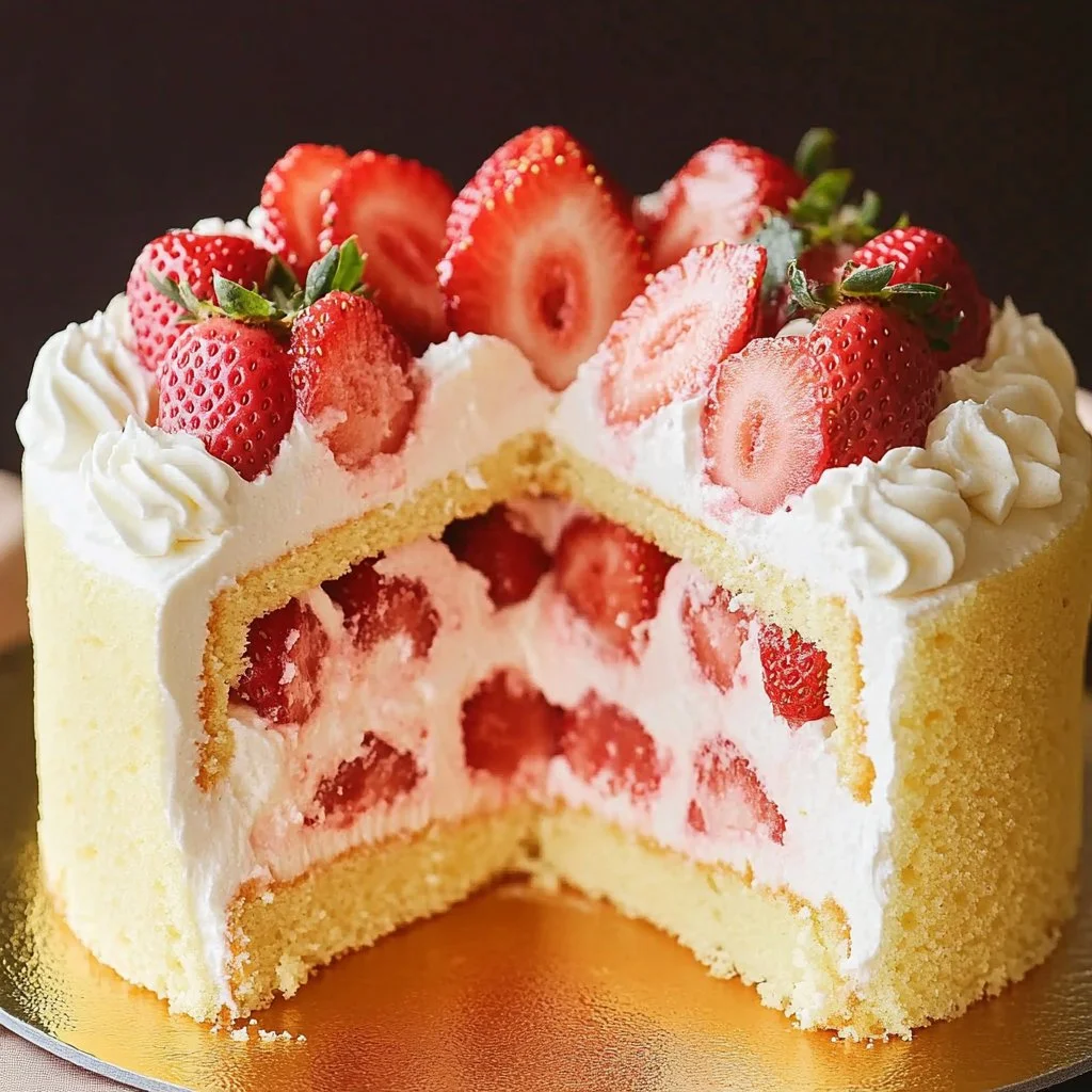 Slice of Strawberry Shortcake Cheesecake topped with fresh strawberries and whipped cream.