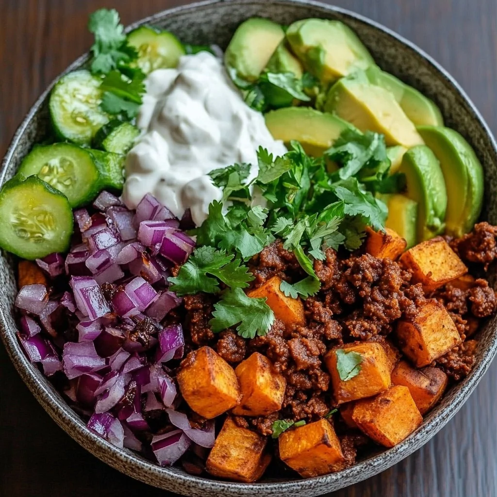 Healthy Sweet Potato Taco Bowl topped with fresh ingredients