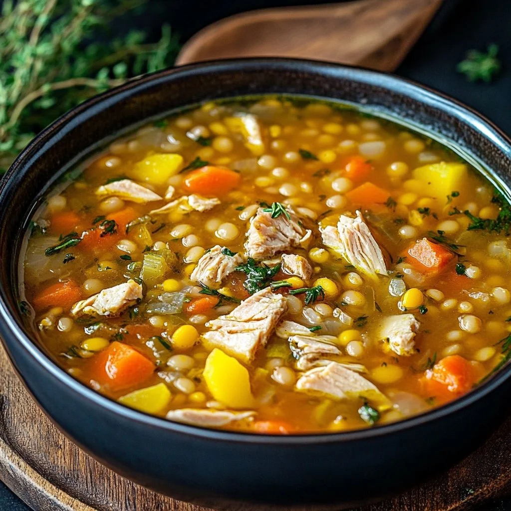 Bowl of hearty Turkey Lentil Soup garnished with herbs and spices