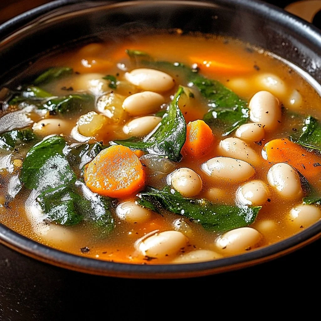 Bowl of delicious Tuscan White Bean Soup topped with fresh herbs.