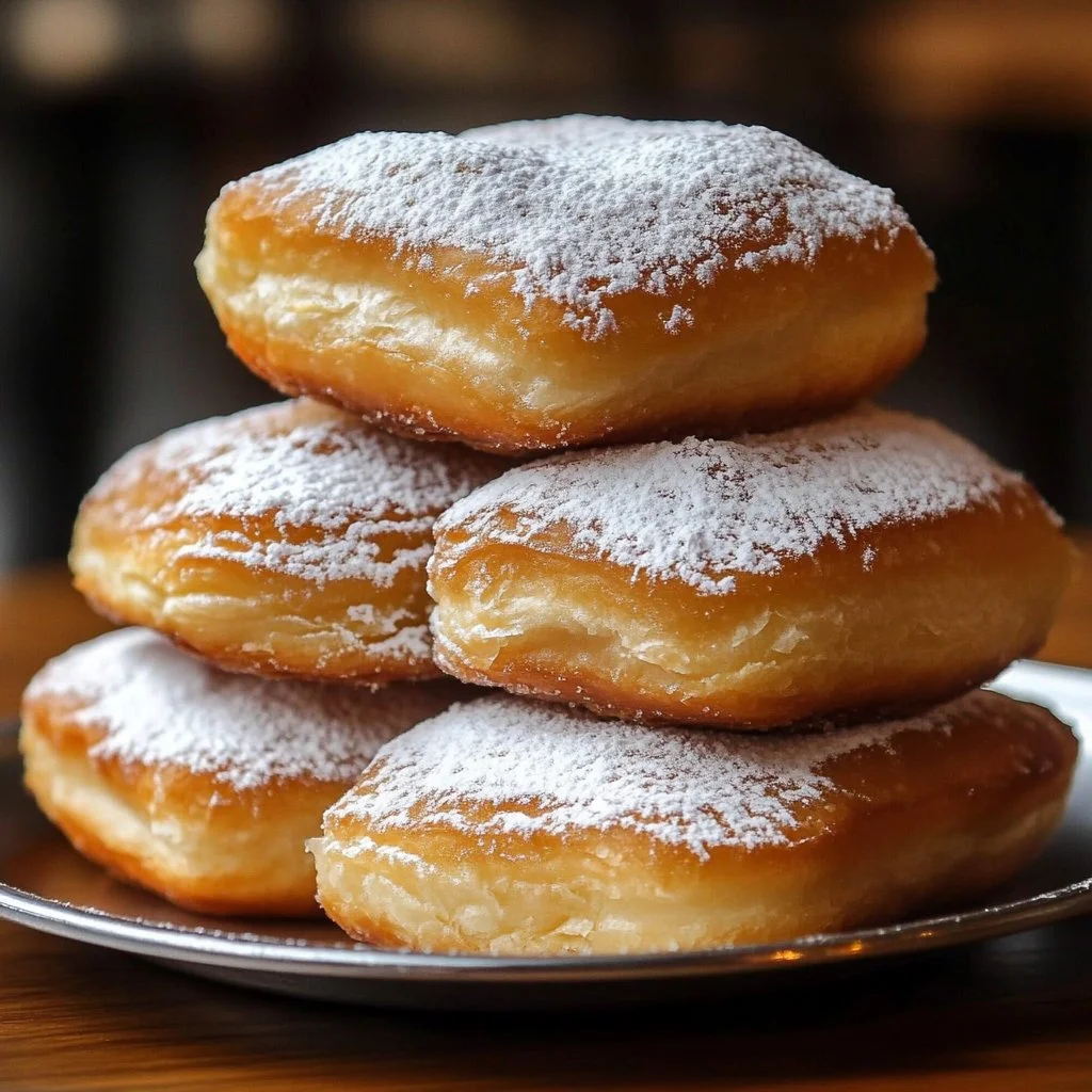 Freshly made Vanilla Beignets dusted with powdered sugar, served warm.