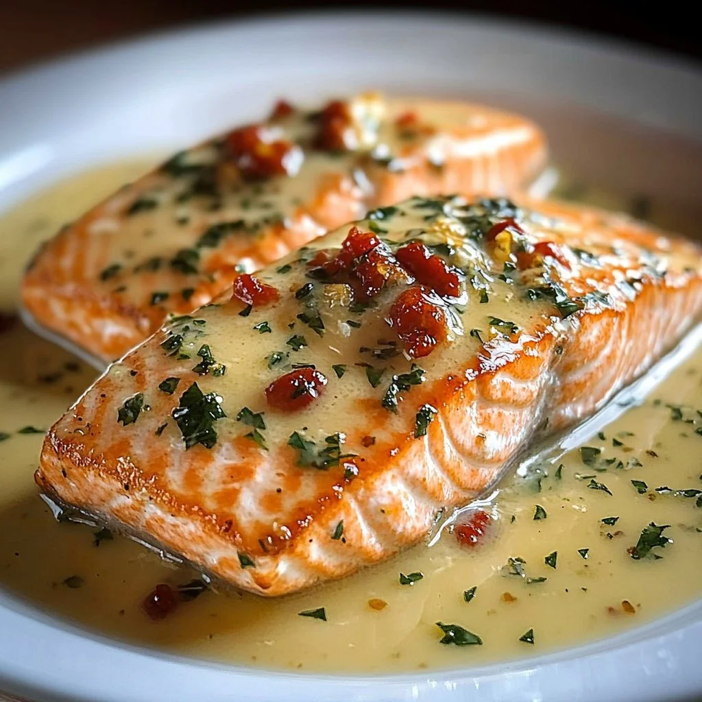 Viral Marry Me Salmon topped with garlic butter on a plate.