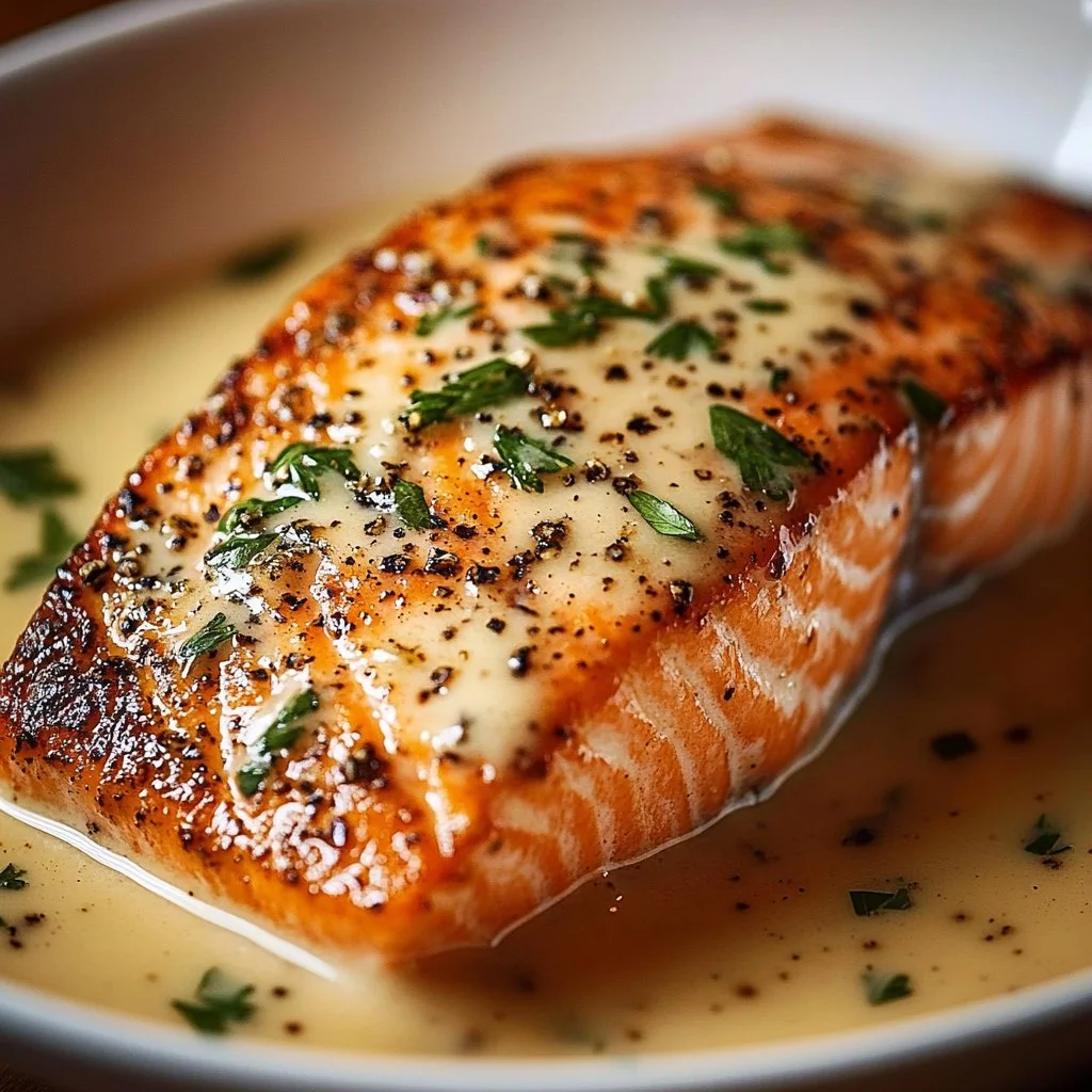 Baked Boursin Salmon garnished with herbs on a plate