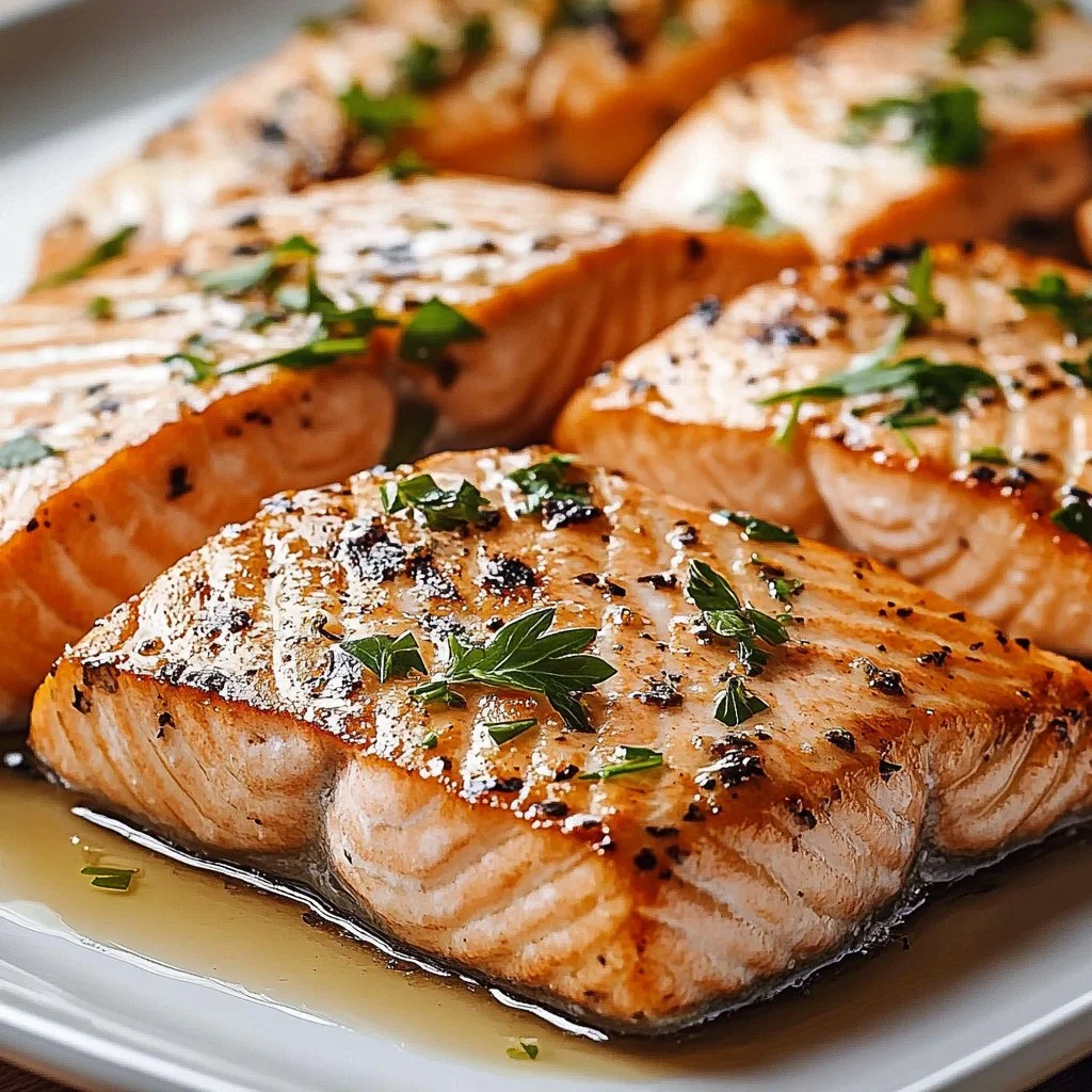 Deliciously baked salmon fillet served with lemon and herbs