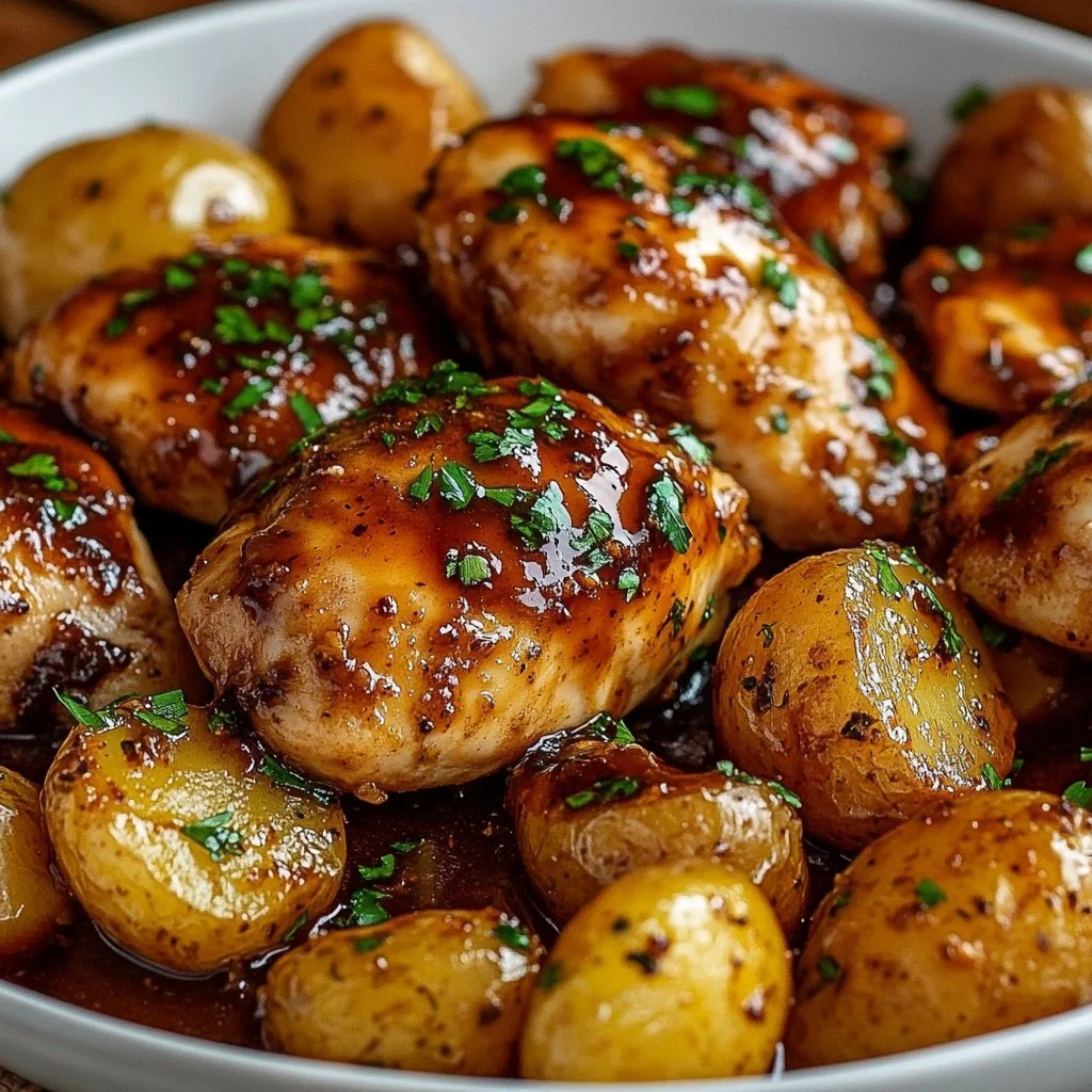 BBQ chicken served with cheesy garlic potatoes on a plate