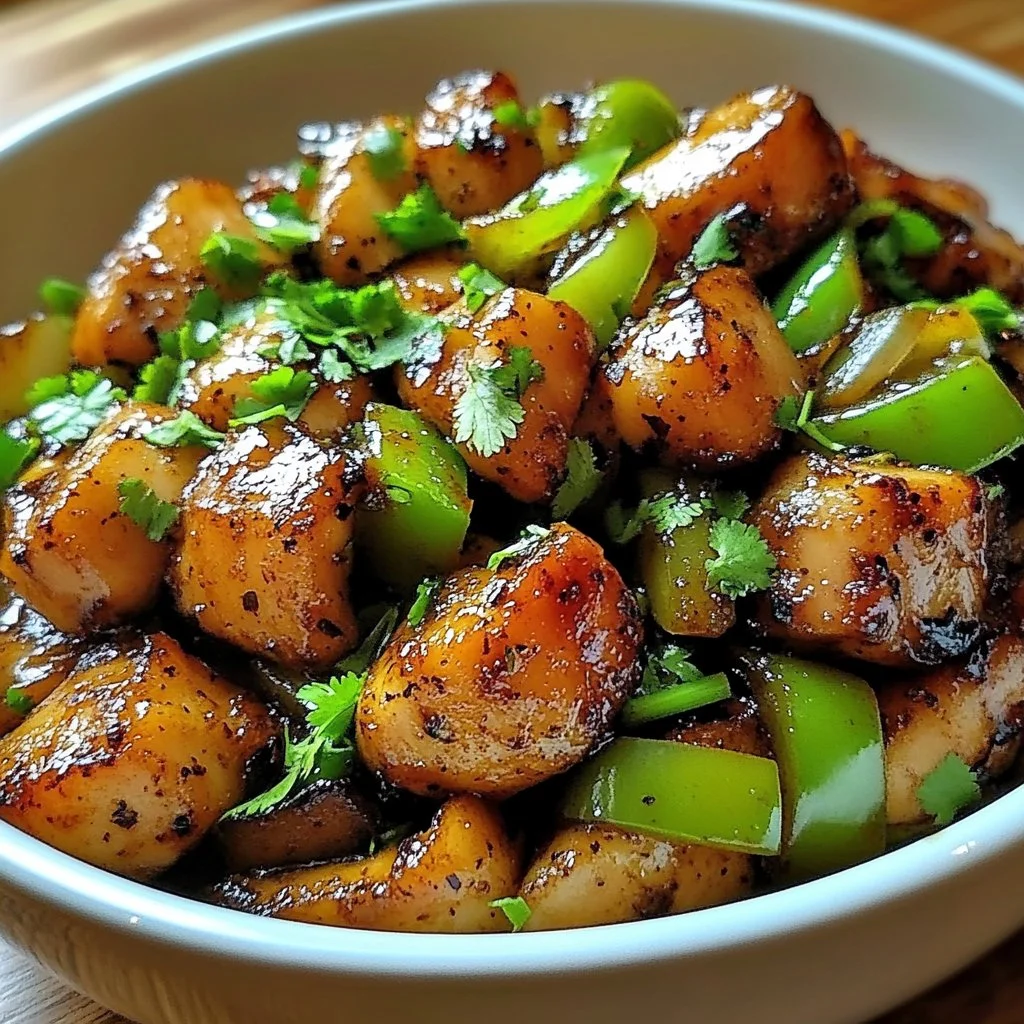 Delicious black pepper chicken dish garnished with fresh herbs