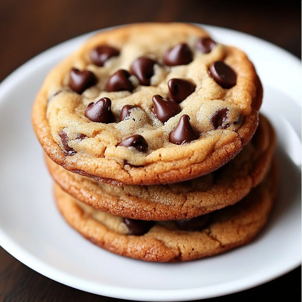 Plate of delicious brown butter chocolate chip cookies stacked high.
