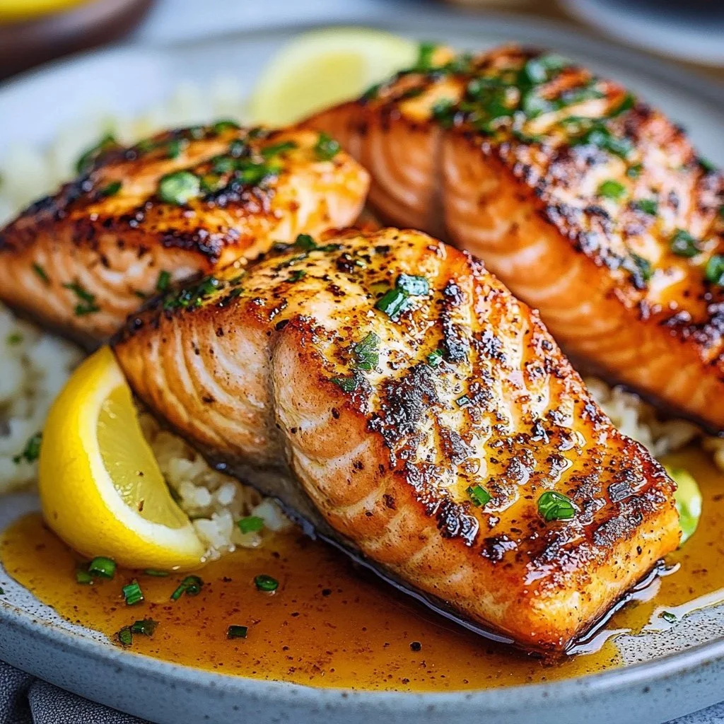 Cajun Honey Butter Salmon garnished with herbs on a white plate.