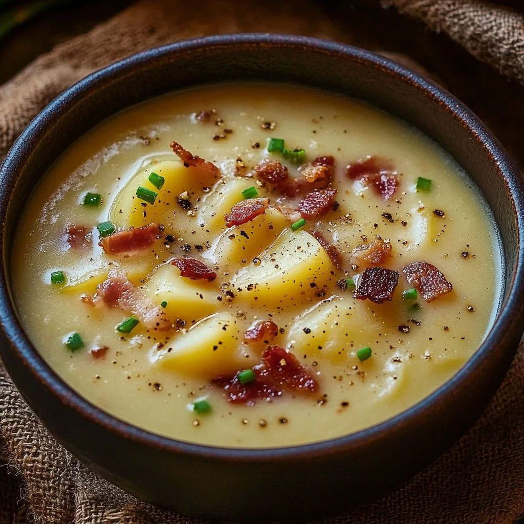 Bowl of flavorful Cajun Potato Soup topped with green onions and spices