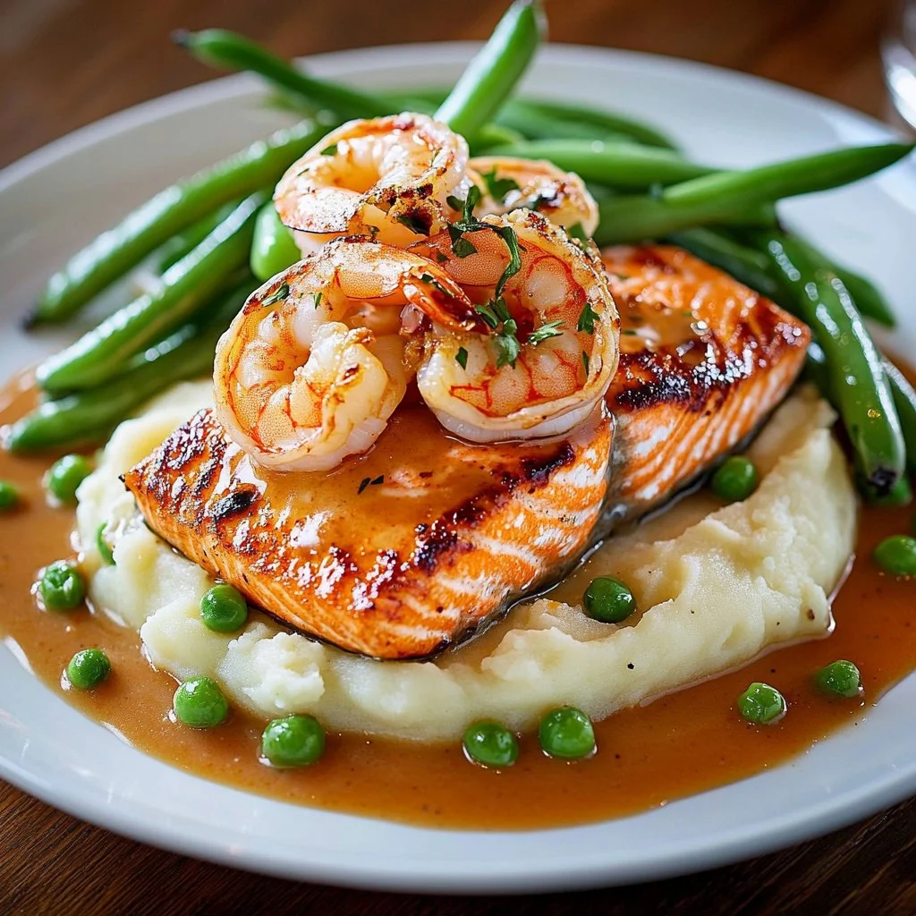 Cajun shrimp and salmon cooked in garlic sauce on a plate