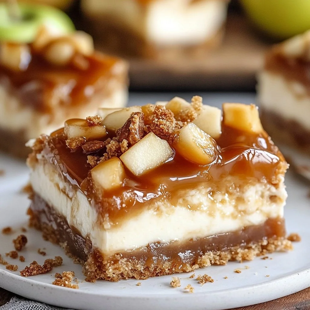 Delicious Caramel Apple Cheesecake Bars with caramel drizzle and apple slices
