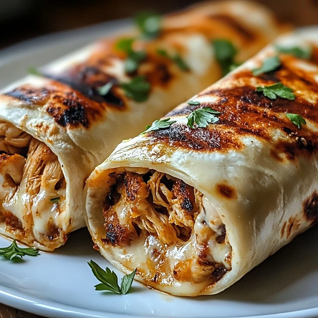 Delicious cheesy garlic chicken wraps on a plate, ready to eat.