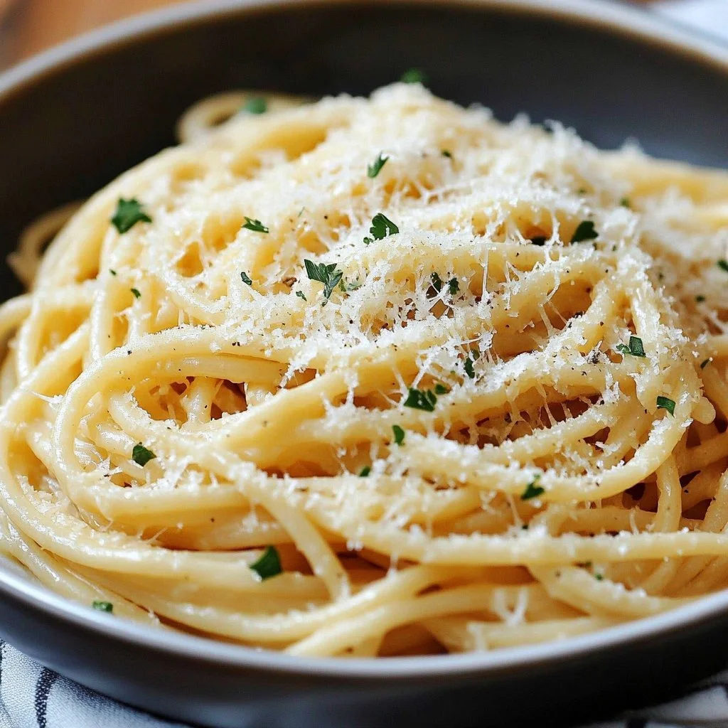Plate of cheesy Garlic Parmesan Spaghetti topped with fresh parsley