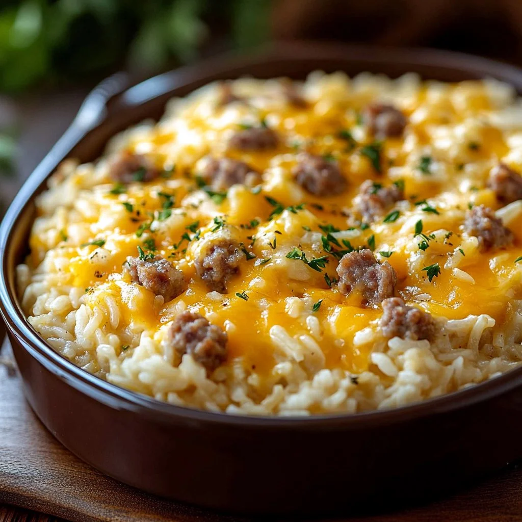 Cheesy hamburger rice casserole served in a baking dish with garnishes.