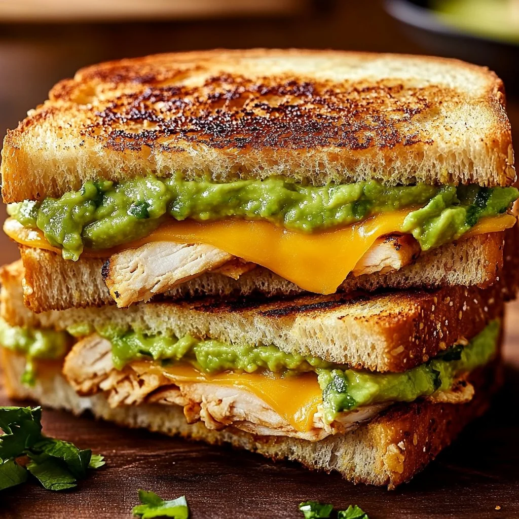 Delicious Chicken Avocado Melt with melted cheese and creamy avocado on toasted bread
