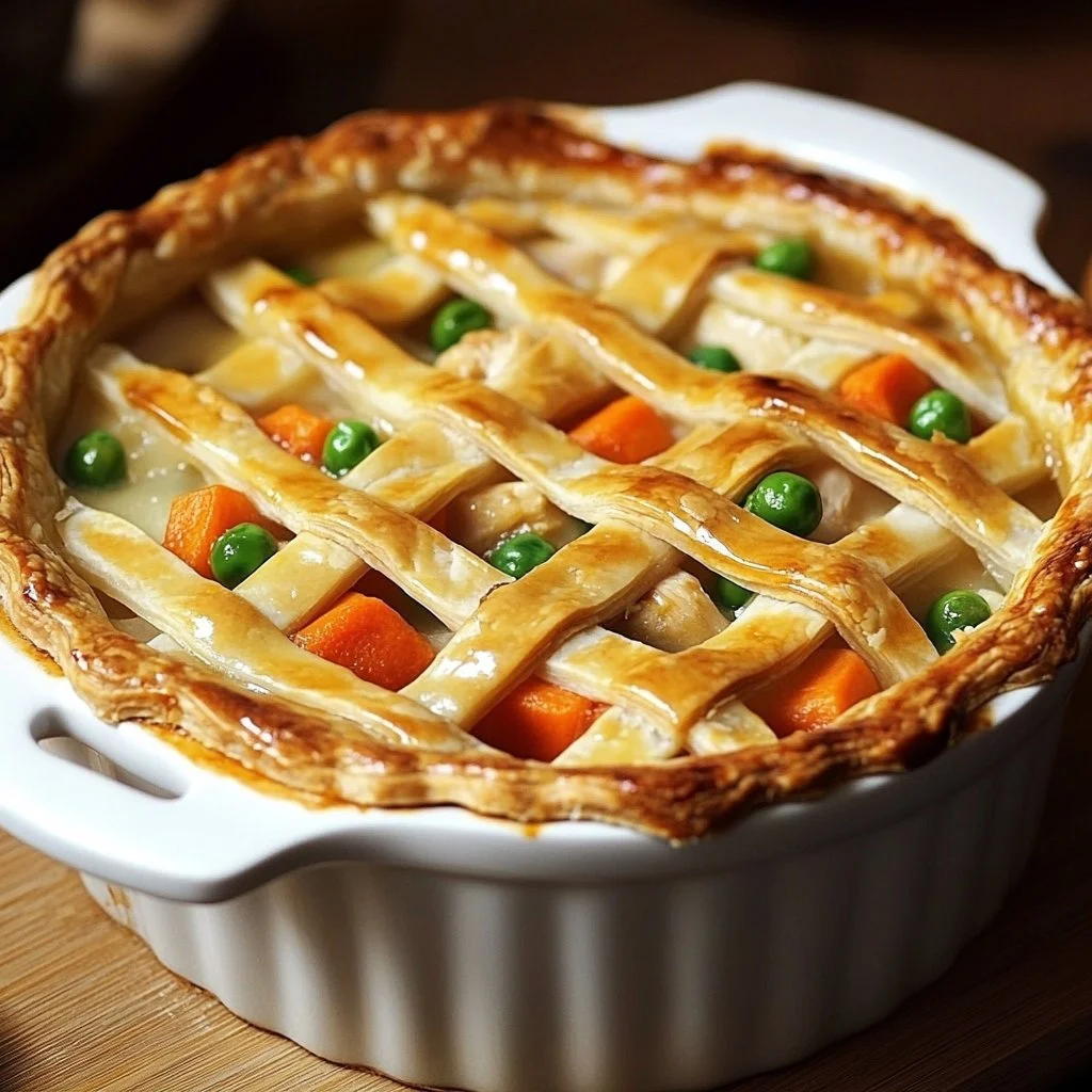 Delicious Chicken Pot Pie Casserole topped with flaky golden crust.