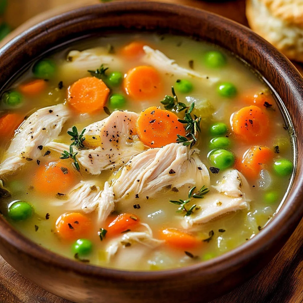 Bowl of Chicken Pot Pie Soup topped with herbs and served with fresh bread