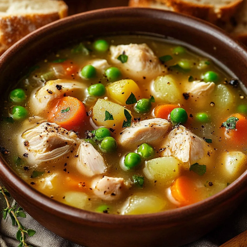 Delicious Chicken Pot Pie Soup served in a bowl with fresh herbs