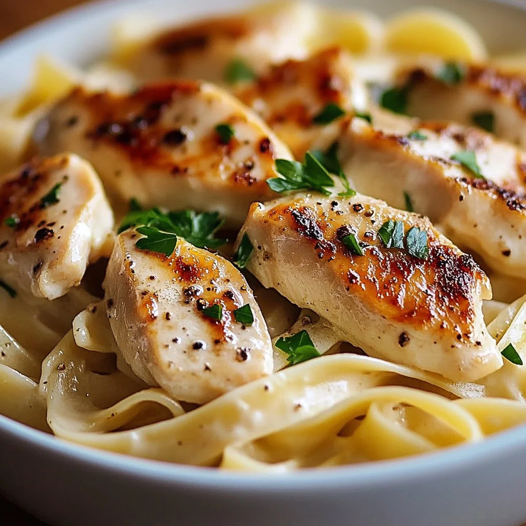 Plate of Chicken with Buttered Noodles garnished with herbs