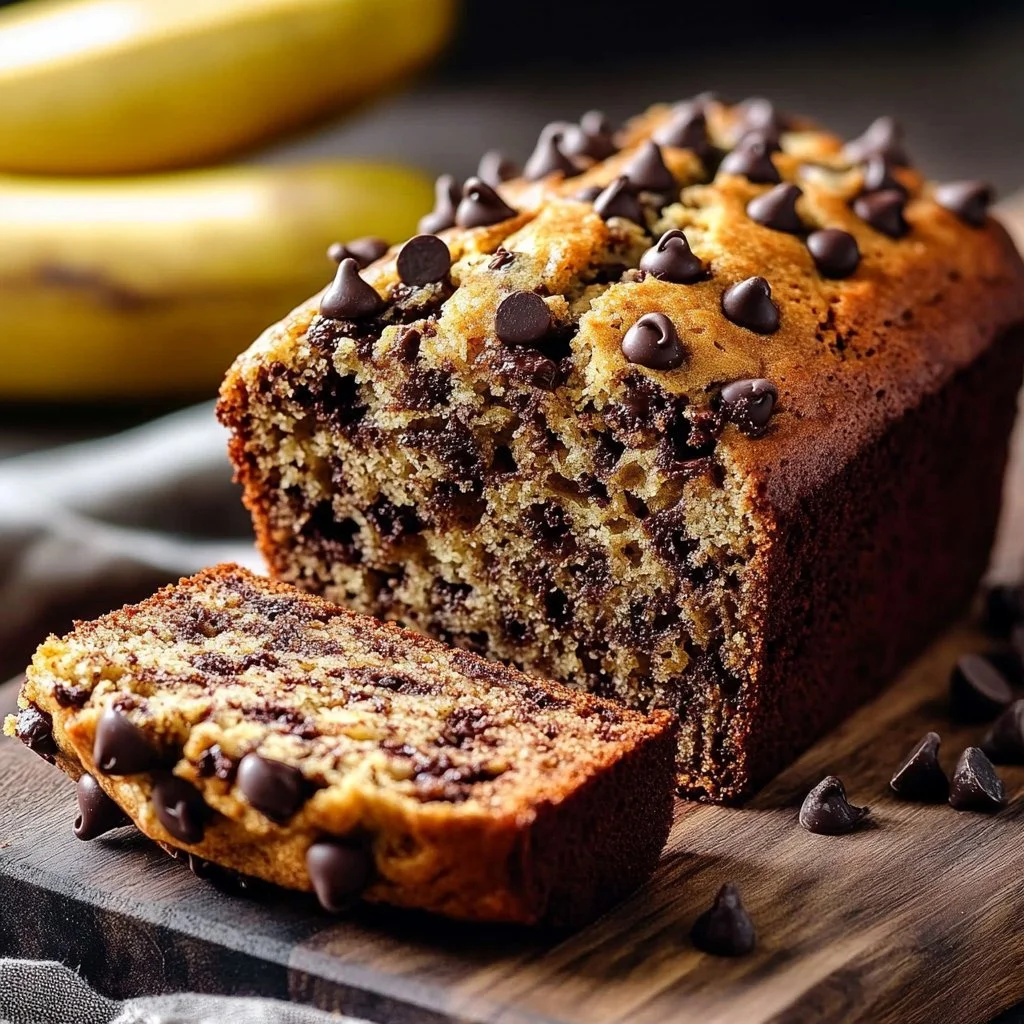 Slice of chocolate chip banana bread on a wooden table