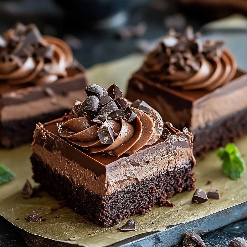 Delicious Chocolate Mousse Brownies served on a plate.