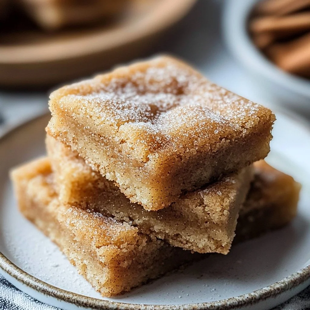 Freshly baked Cinnamon Sugar Blondies served on a plate.