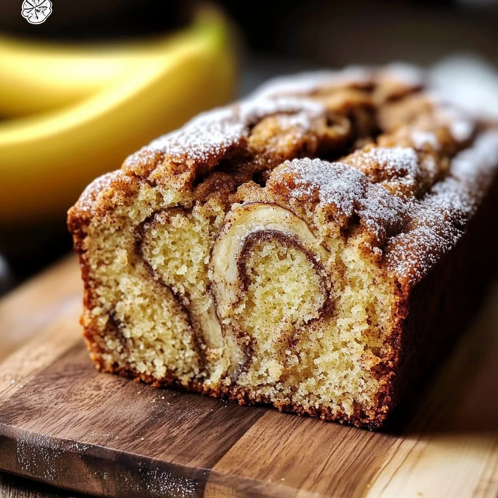 Sliced cinnamon swirl banana bread on a wooden cutting board
