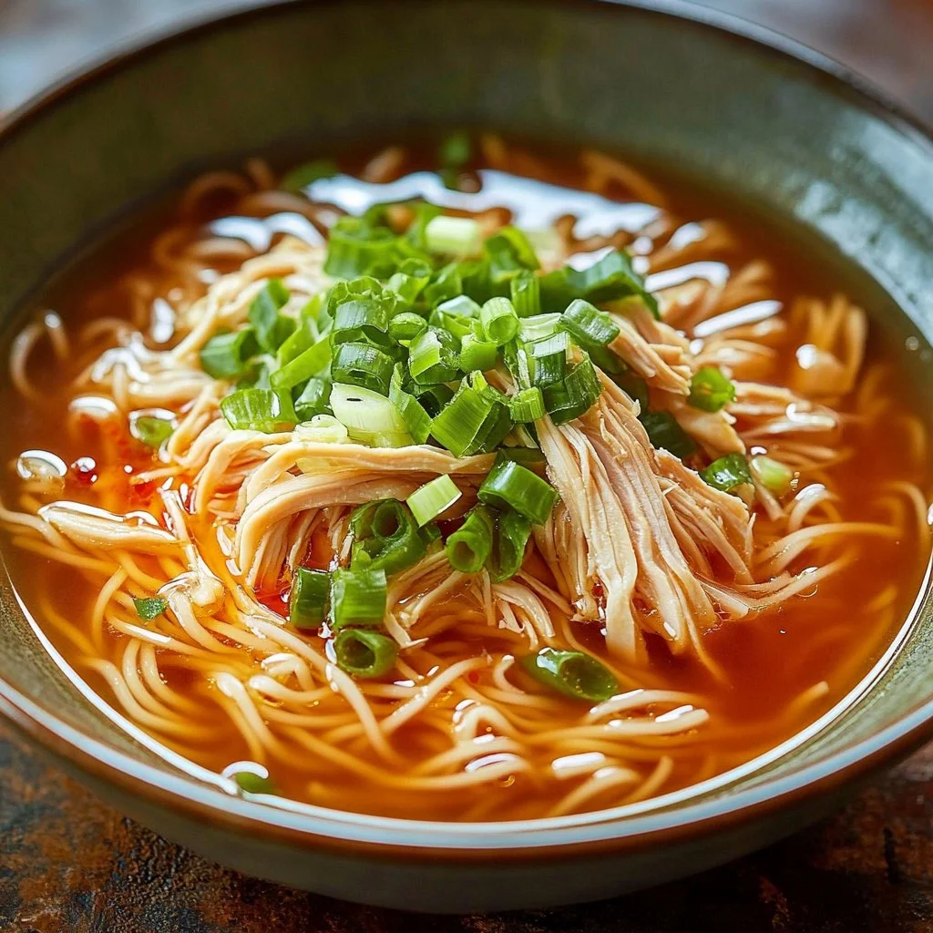 Bowl of classic ginger garlic chicken noodle soup with herbs and ingredients
