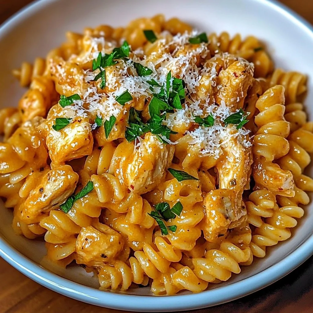 Delicious Cowboy Butter Chicken Pasta served in a bowl with herbs and spices.