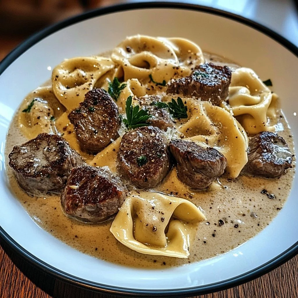Delicious Cracked Garlic Steak Tortellini served with fresh herbs and garlic sauce