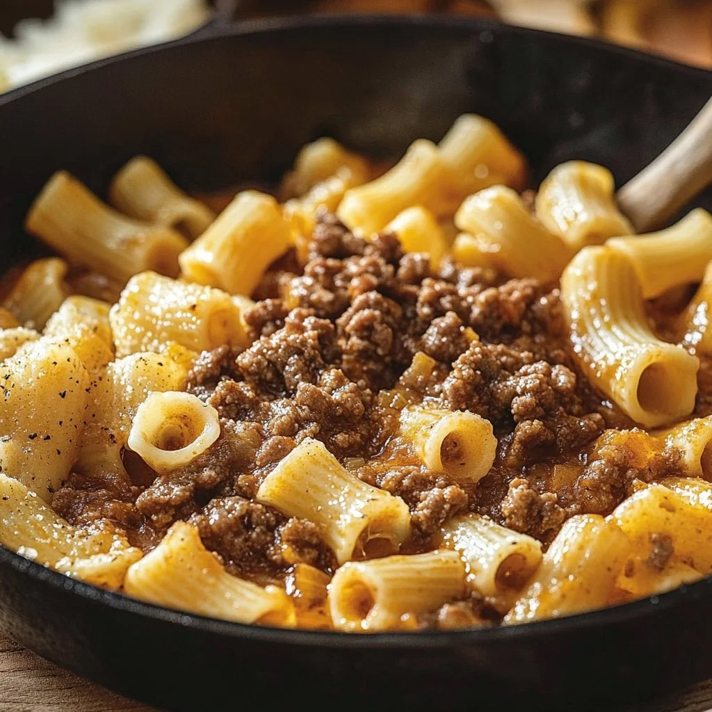 Creamy Beef and Shells dish served in a bowl with fresh herbs