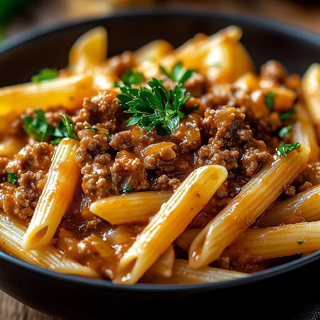 Creamy beef pasta dish served in a bowl with garnishes.