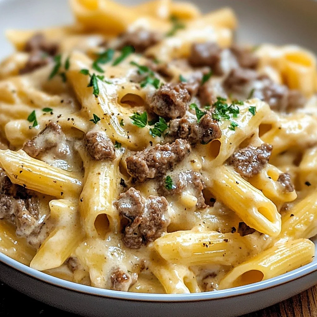 Creamy beef pasta dish with beef, cream sauce, and herbs served in a bowl.