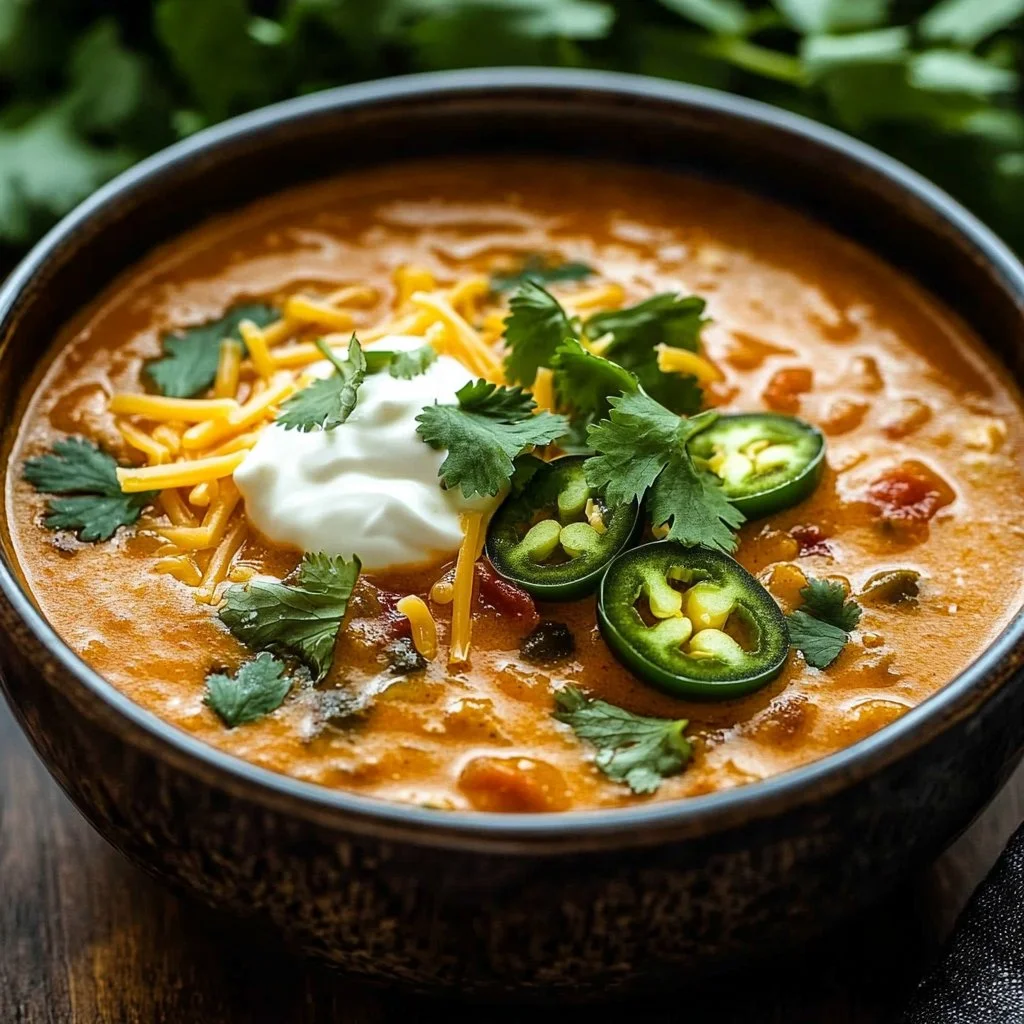 Creamy chicken enchilada soup garnished with cilantro and cheese in a bowl.