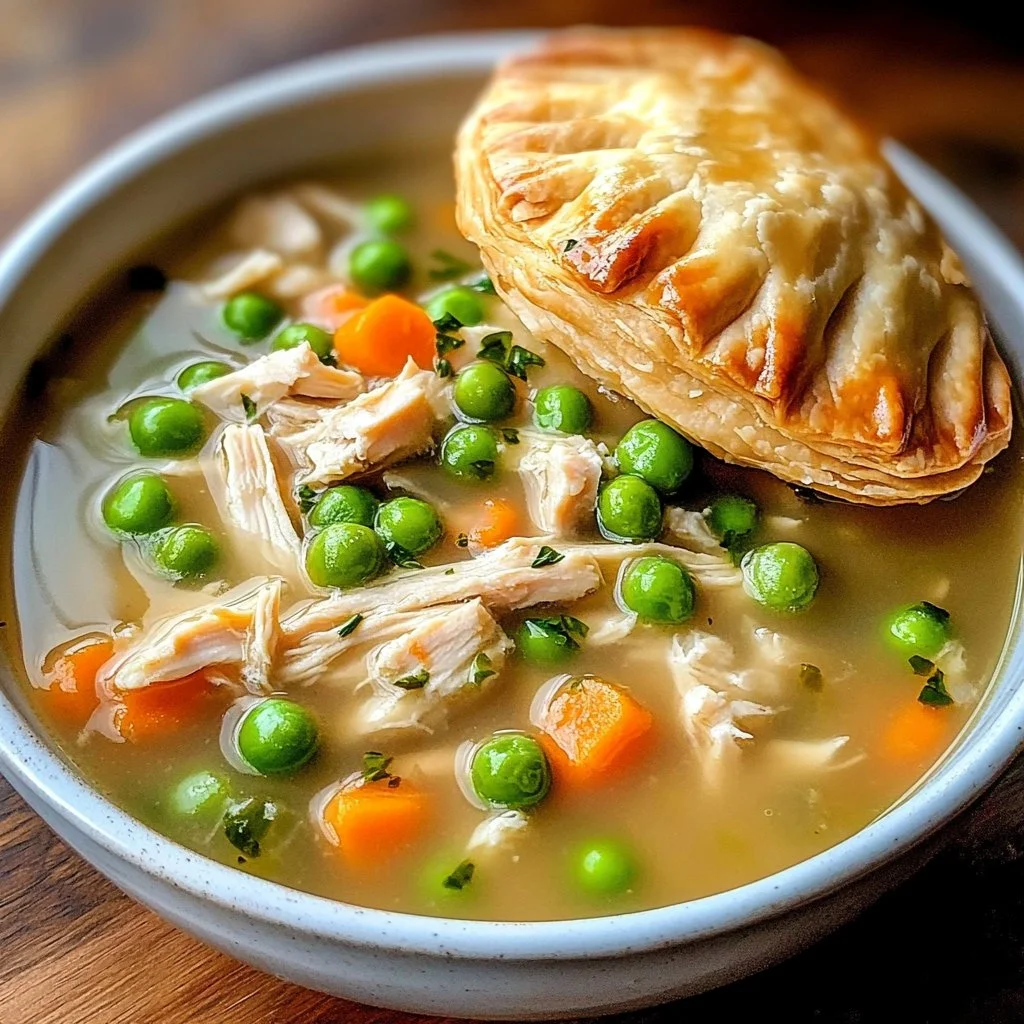 Delicious creamy chicken pot pie soup served in a bowl with fresh herbs.