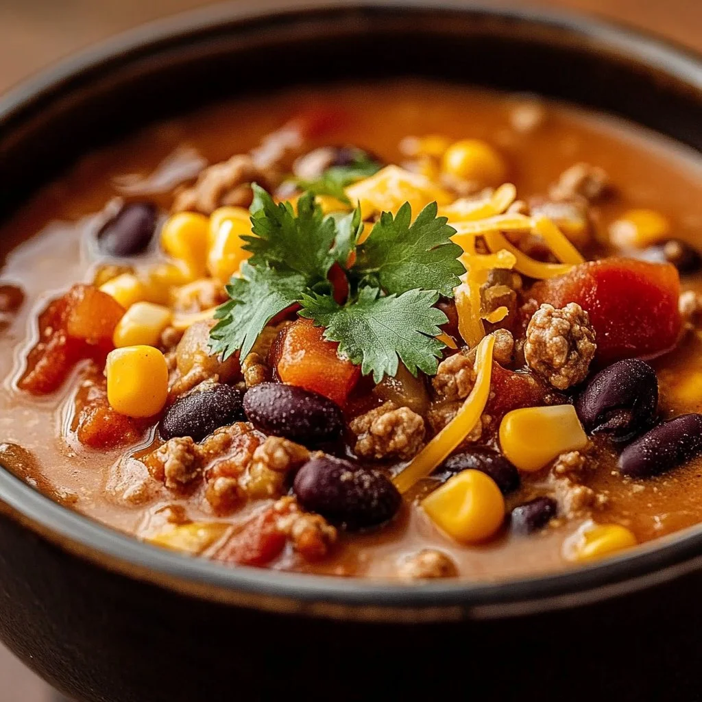 Bowl of creamy cowboy soup topped with fresh herbs and spices.