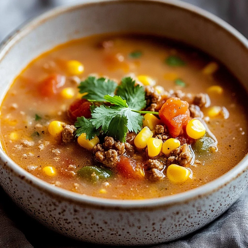 Creamy Cowboy Soup in a rustic bowl topped with fresh herbs