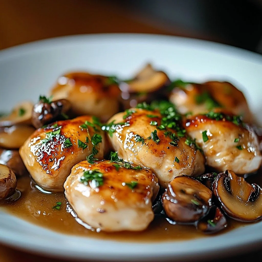 Creamy garlic mushroom chicken thighs served on a plate with herbs.
