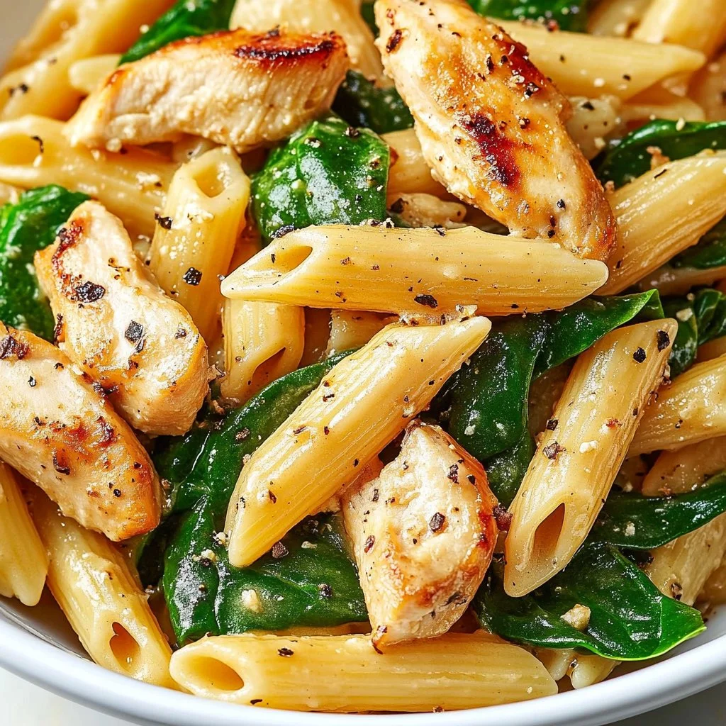 Creamy Garlic Parmesan Chicken Pasta plated elegantly with fresh garnishes