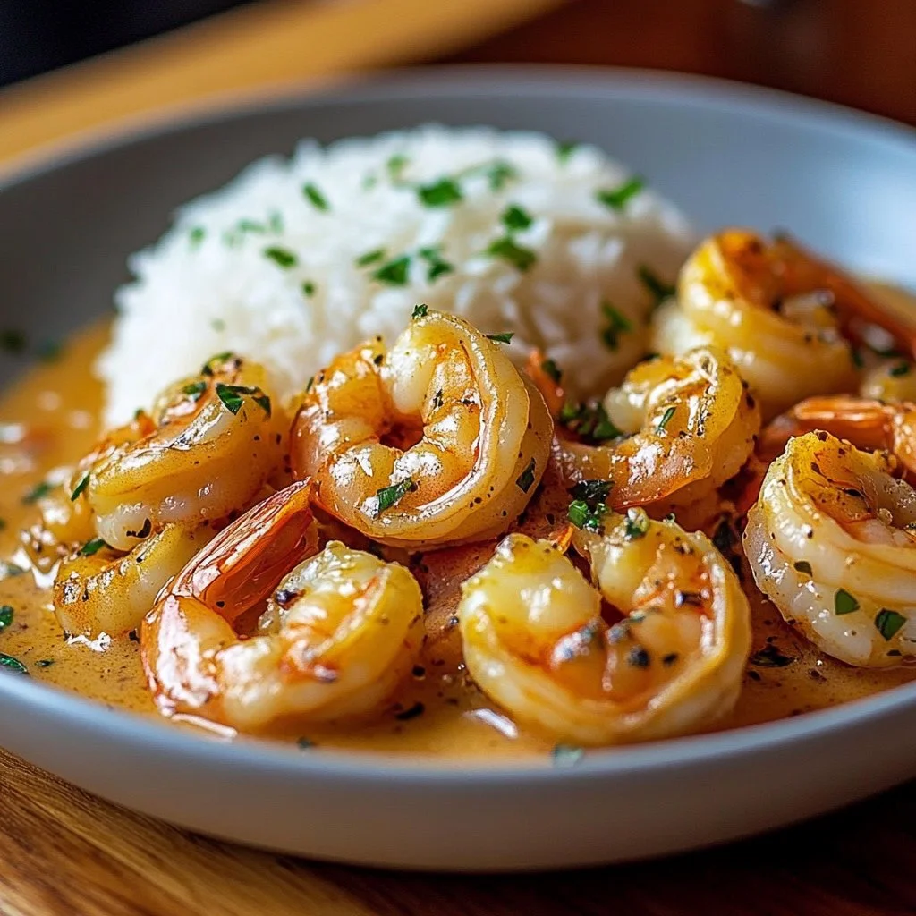 Delicious creamy garlic shrimp served in a bowl, garnished with herbs.