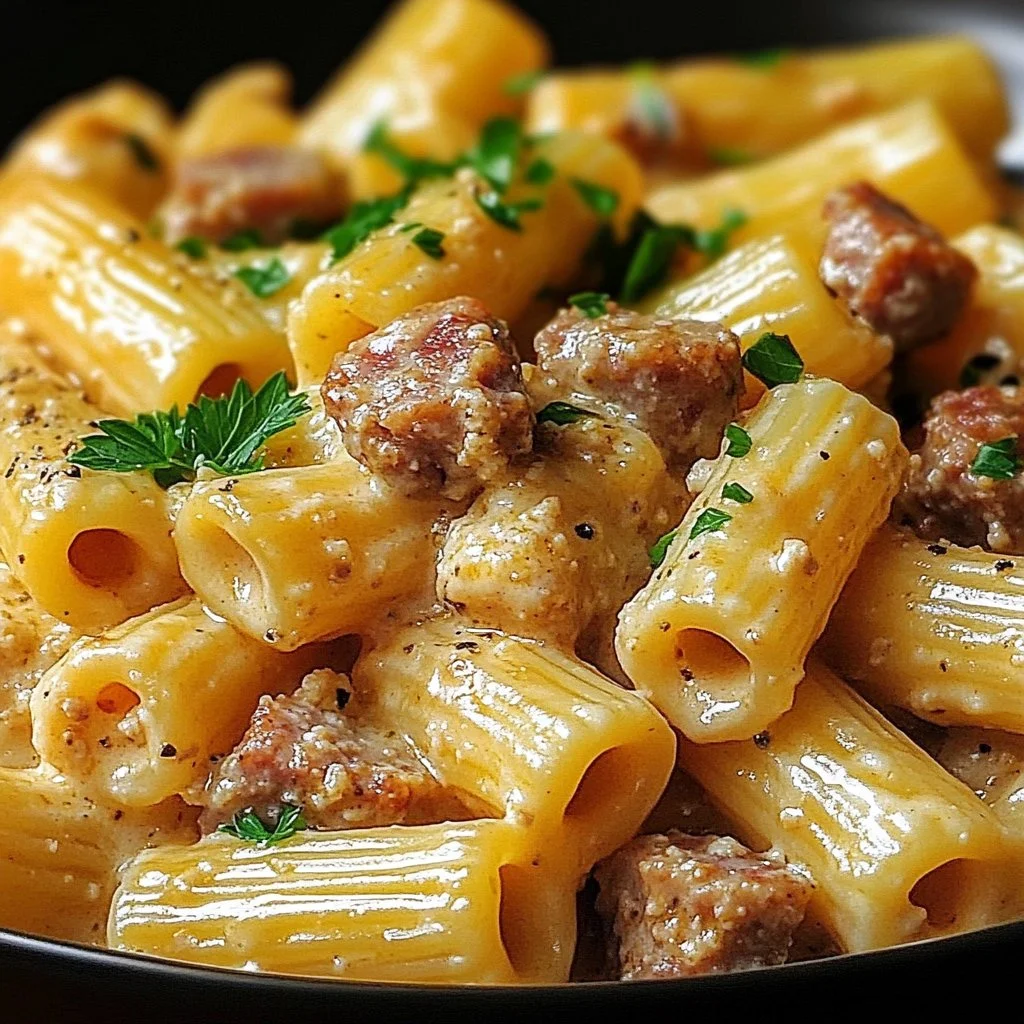 Creamy Italian sausage rigatoni served in a white bowl with fresh herbs