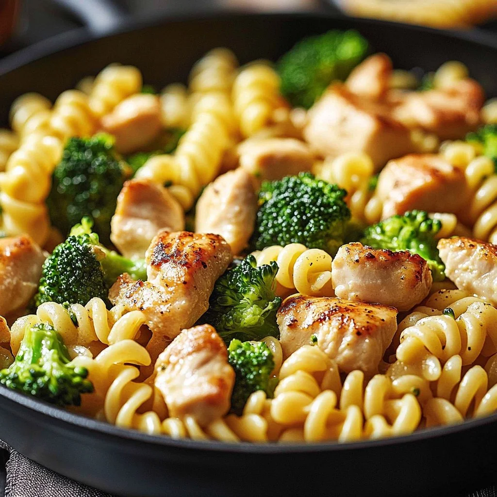 Creamy rotisserie chicken broccoli pasta served in a bowl